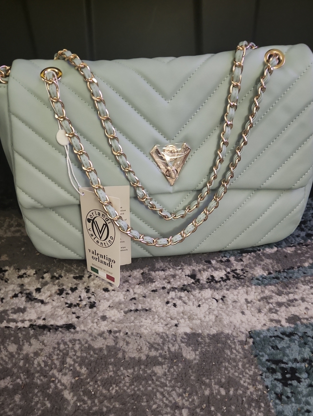 Large Valentino Orlandi Mint Green Quilted Chain Shoulder Bag